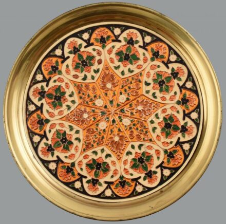 Görög zománcozott réz tál, kopásnyomokkal, 33 cm