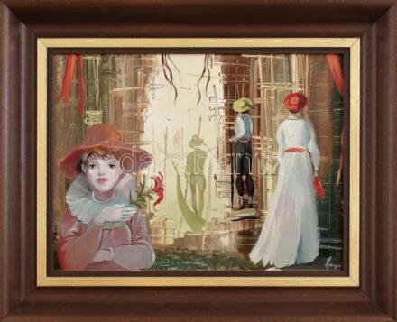 Herpai Zoltán (1951-2011): Piros virág Velencében. Olaj, farost, jelzett. Hátoldalán címkén feliratozott. Fa keretben, 30×40 cm