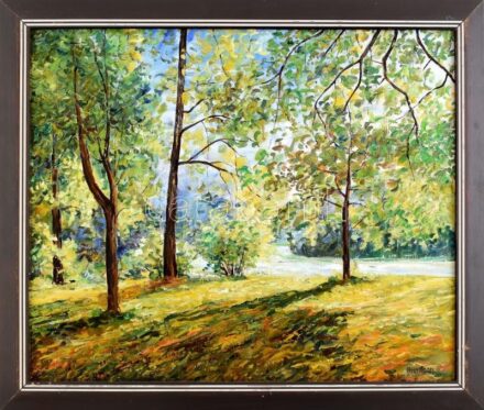 Orvos András (1939- ): Park. Olaj, farost, jelzett, fakeretben, hátoldalán autográf felirattal és címkén feliratozott, 50×60 cm