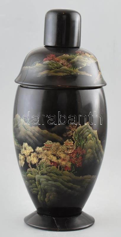 Kínai lakk shaker, ragasztott, kopott, m:26cm