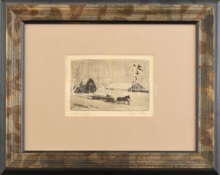 Szőnyi István (1894-1960): Betakarítás. Rézkarc, papír, jelzett, üvegezett fakeretben 9,5×14 cm