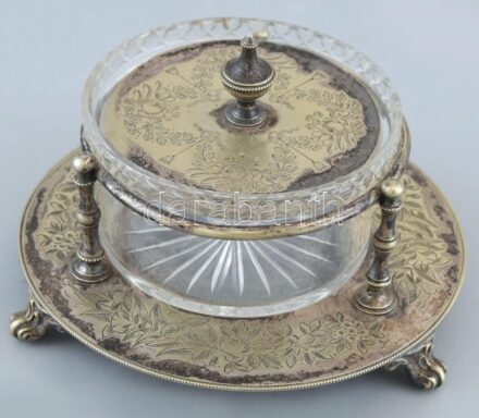 Sheffield angol kaviártartó, kopott, üvegbetéttel, üveg hibátlan, d:13cm