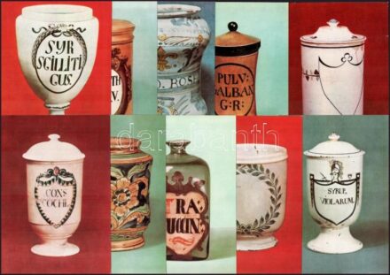 cca 1960-1980 Kőbányai Gyógyszerárugyár (Richter Gedeon) Bp. antik patikaedényeket ábrázoló 10 db képes reklám kártyája, 17x12 cm