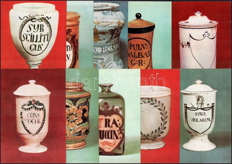 cca 1960-1980 Kőbányai Gyógyszerárugyár (Richter Gedeon) Bp. antik patikaedényeket ábrázoló 10 db képes reklám kártyája, 17x12 cm