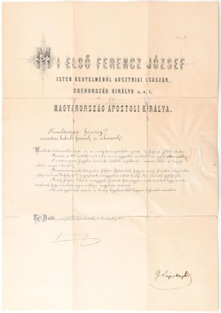 1872 Országgyűlési meghívó. Ferenc József (1830-1916) király és Lónyay Menyhért (1822-1884) miniszterelnök által saját kezűleg aláírt meghívó az 1872. évi Országgyűlésre herceg Szász Coburg Koháry Lipót részére. A