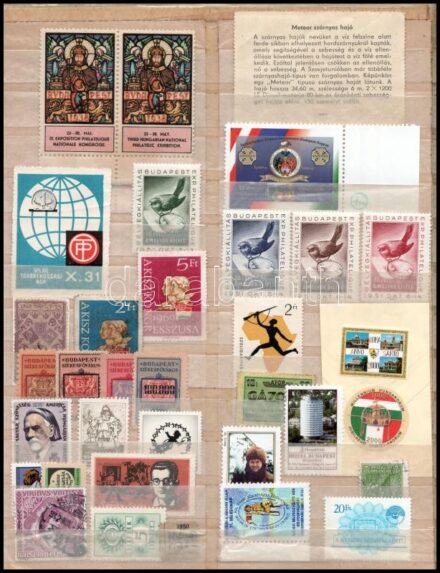 34 db levélzáró és reklámbélyeg berakólapon + 63 db magyar és külföldi parafilatélia borítékban