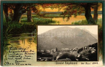 1902 Fenyőháza, Lubochna; Szecessziós erdős keret / Art Nouveau, forest litho