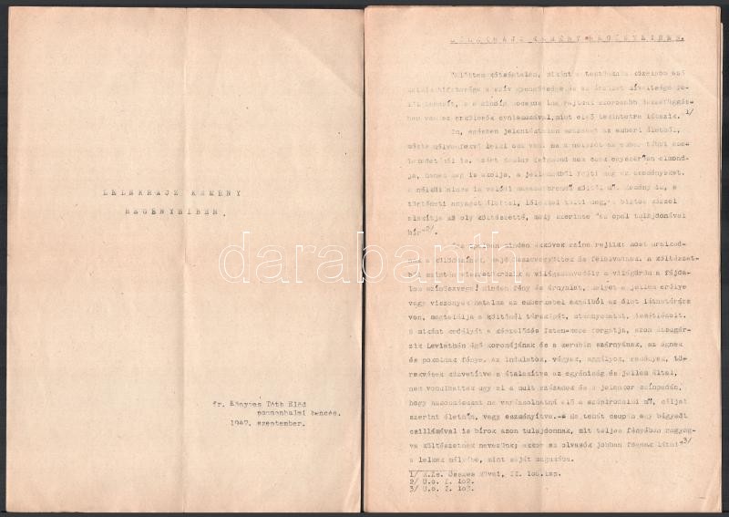 1947 Lélekrajz Kemény regényeiben, Könyves Tóth Előd, Pannonhalmi Bencés Apátság, gépirat, 1+25 p., hajtva