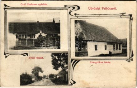 1919 Pribóc, Príbovce; utca, evangélikus iskola, Gróf Neuhausz nyárilak. Felvette Hegedűs J. fényképész / street, Lutheran school, villa. Art Nouveau (EK)