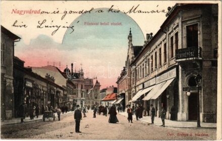 1904 Nagyvárad, Oradea; Fő utcai belső részlet, Lojanek J. fényképész, Huzella M. és Bazár üzlet. Özv. Erényi S. kiadása / main street, shops