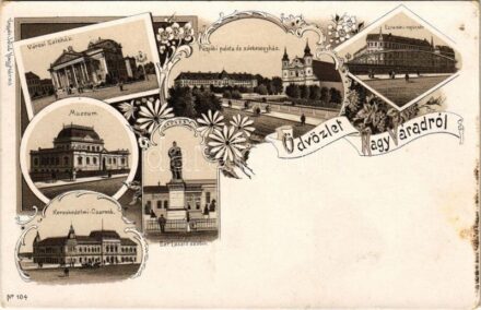 Nagyvárad, Oradea; Városi színház, múzeum, kereskedelmi csarnok, püspöki palota és székesegyház, Szent László szobor, Ezredévi emléktér. Kapható Rákos Vilmosnál / theatre, museum, trading hall, bishop's palace, cathedral, statue,