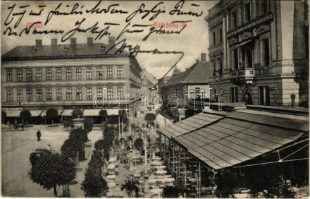 1909 Arad, Andrássy tér, 1848-1849 Múzeum, Róth Testvérek, Schäffer Henrik és Kornis Testvérek Anker üzlete, vendéglő terasza . Kerpel Izsó kiadása / square, shops, museum, restaurant's terrace