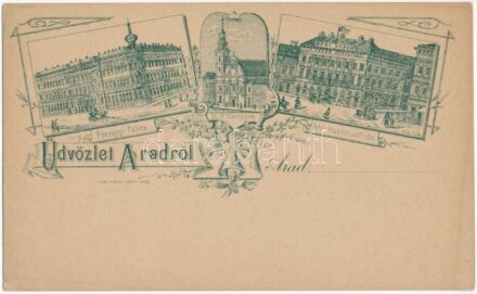 ~1899 (Vorläufer) Arad, Pénzügyi palota, Római katolikus templom, Fehér Kereszt szálloda. Lengyel Lipót / financial palace, church, hotel. Art Nouveau, floral