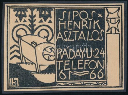 cca 1910 Kozma Lajos (1884-1948): 'Sipos Henrik Asztalos. Ráday u. 24. Telefon 61-66.', reklám grafika, papír, klisé, jelzett a dúcon, kartonra kasírozva, 7x9 cm