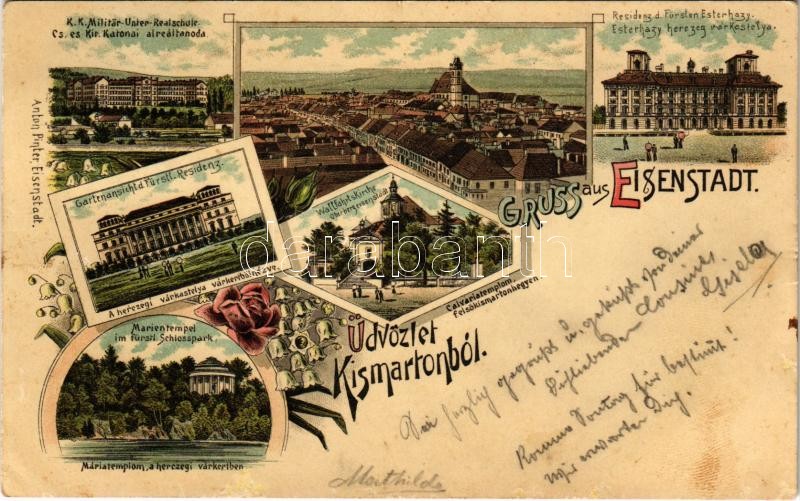 1898 (Vorläufer) Kismarton, Eisenstadt; Katonai alreáliskola, Eszterházy Herceg várkastély, Mária templom, Kálváriatemplom Felsőkismartonhegyen. Anton Pinter kiadása / military school, castle, churches. Art Nouveau, floral, litho