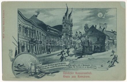 Komárom, Komárnó, Komorn; Ha egész nap a kocsmát járom, jaj de furcsa ez a Komárom! Mészáros András és Fentor György üzlete. Humoros részeges művészlap, Spitzer Sándor kiadása / shops. Humorous drunk art (EK)