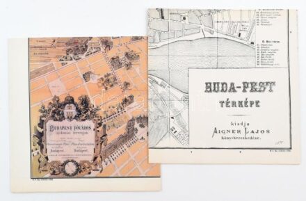 1988 Reprint Budapest térképek, 2 db: Buda-Pest térképe, Aigner Lajos 1870-es kiadású térképéről készült reprint térkép, hajtott, 40x59 cm; Budapest főváros tájékozódási tervrajza, Eggenberger-féle (cca 1910) kiadású