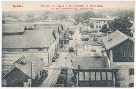 Belistye, Belisce; Werke der Firma S.H. Gutmann in Slavonien, Teil der Tanninfabrik mit Laboratorium / Gutmann Salamon fűrésztelepe, gyár részlet, iparvasút, laboratórium, tanningyár (csersavgyár) / sawmill, tannic acid factory, laboratory,