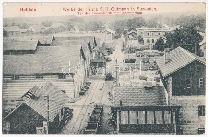 Belistye, Belisce; Werke der Firma S.H. Gutmann in Slavonien, Teil der Tanninfabrik mit Laboratorium / Gutmann Salamon fűrésztelepe, gyár részlet, iparvasút, laboratórium, tanningyár (csersavgyár) / sawmill, tannic acid factory, laboratory,
