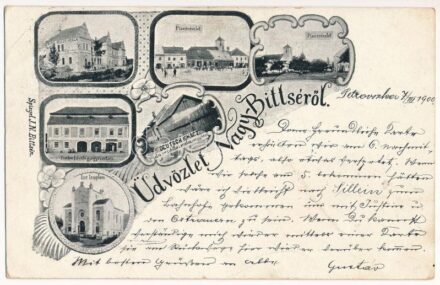 1900 Nagybiccse, Nagy-Bittse, Bytca: Heller szálloda, Piac részlet, Izraelita templom, zsinagóga, Tombor László gyógyszertára, Deutsch Ignác első ecetszeszgyára. Spiegel kiadása / hotel, square, synagogue, pharmacy, vinegar factory,