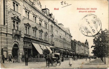 1908 Arad, Andrássy tér, lovashintó, Weinberger-féle kávéház / square, chariot, cafe (EK)