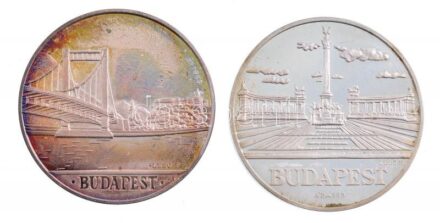 Lebó Ferenc (1960-) 1992. 'Hungarian Telecommunications Company Limited / Budapest Lánchíd' + 'Europa Telecom, 1992.október 12-17 / Hősök Tere' Ag emlékérem pár dísztokban (31,35g és 31,34g/0.925/42,5mm) T:1- (eredetileg PP), patina