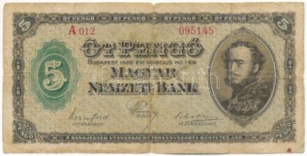 1926. 5P 'A 012 095145' T:III- / Hungary 1926. 5 Pengő 'A 012 095145' C:VG Adamo P3