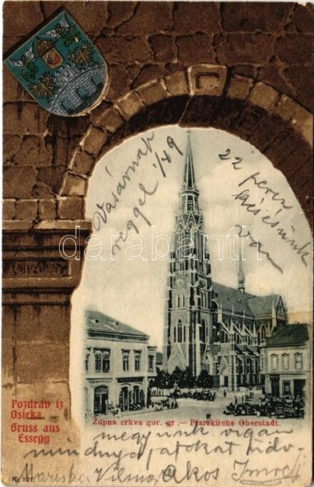 1901 Eszék, Osijek, Essegg; Zupna crkva gor. gr. Pfarrkirche Oberstadt. Victor Fritsche / Felsővárosi Plébániatemplom. Címeres szecessziós litho keret / church, market. Art Nouveau coat of arms litho (kis szakadás / small tear)