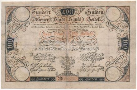 Bécs 1806. 100G 'Bécsi Városi Bankócédula' vízjeles papíron, szárazpecséttel, kézi tintás sorszámmal T:III restaurált R! / Habsburg Monarchy 1806. 100 Gulden 'Wiener-Stadt Banco-Zettel' on watermarked paper, embossed stamp and