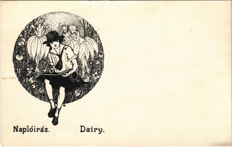 Naplóírás. Magyar Cserkészleány Szövetség. Klösz Gy. és Fia / Hungarian girl scout art postcard s: Molnár R. (EK)