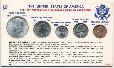 Amerikai Egyesült Államok 1964-1965. 1c-1/2$ (5xklf) 'Amerikai elnökök' forgalmi szett kartonlapon, műanyag tokban T:1- patina USA 1964-1965. 1 Cent - 1/2 Dollar (5xdiff) 'American Presidents' coin set on cardboard, in a plastic case C:AU