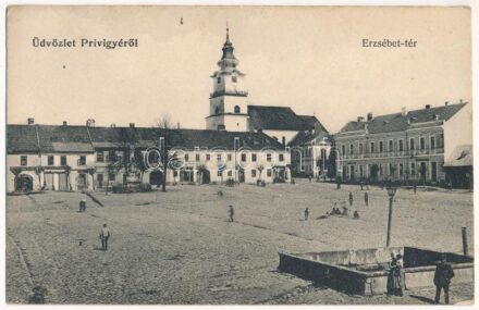 Privigye, Prievidza; Erzsébet tér, templom, Gazdasági bank, gyógyszertár, üzletek. Gubits B. kiadása / square, church, bank, shops, pharmacy (fl)
