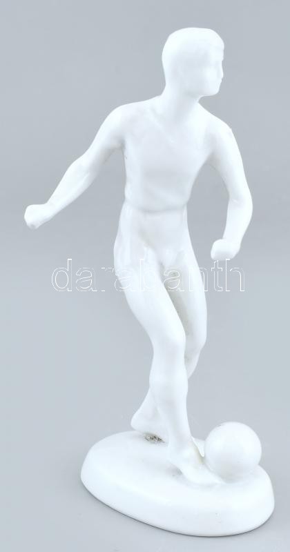Hollóházi porcelán focista, fehér mázas porcelán, jelzett, mázhibákkal, m: 20 cm