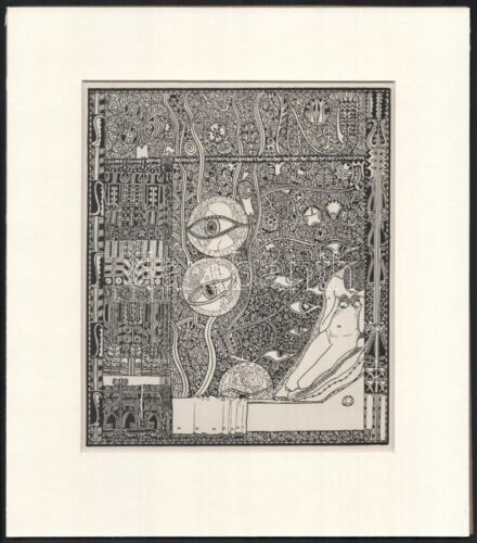 Kozma Lajos (1884-1948): Figyelő szemek, papír, jelzett a cinkográfián, paszpartuban, 19,5×16,5 cm