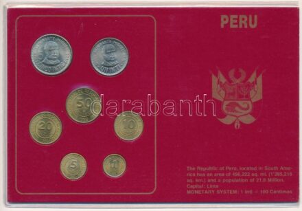 Peru 1985-1988. 1C-5I (7xklf) forgalmi összeállítás kartonlapon, műanyag tokban T:1-,2 patina Peru 1985-1988. 1 Centimo - 5 Intis (7xdiff) coin set on cardboard in a plastic case C:AU,XF patina