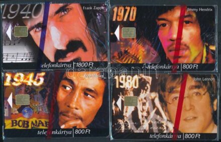 2000-2004 'A zene világa' 4 db telefonkártya (Bob Marley, Jimmy Hendrix, John Lennon, stb.) bontatlan csomagolásban