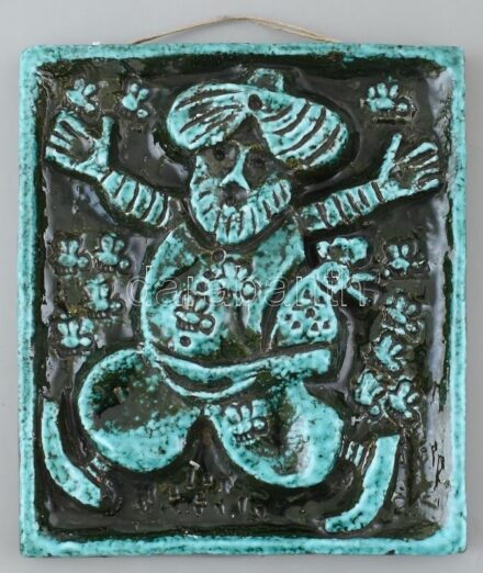 Jelzés nélkül: A gyémántkrajcár. Retró falplasztika. Türkiz mázakkal festett samottos kerámia, jelzés nélkül, hibátlan, 26x22cm