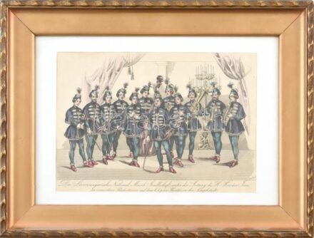cca 1850 Magyar zenekar Bécsben - die Lóczer ungarische National Musik Gesellschaft unter der Leitung des H. Kovács Josi in einer ihrer Produktionen auf dem k.k. priv. Theater in der Josephstadt. Színezett rézmetszet. Üvegezett keretben.