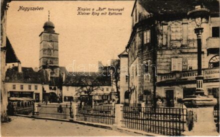 Nagyszeben, Hermannstadt, Sibiu; Kispiac a 'Rat' toronnyal, Carl F. Jickeli, Adolf Göbbel, Czickeli üzlete. Vasúti levelezőlapárusítás 11. 1918. / Kleiner Ring mit Ratturm / street view, market, shops
