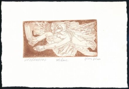 Józsa János (1936-2016): Védőangyal. Rézkarc, papír, jelzett, 7×15 cm