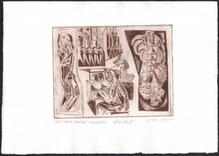 Józsa János (1936-2016): Egy Bach koncert emlékére. Rézkarc, papír, jelzett, 15×19,5 cm