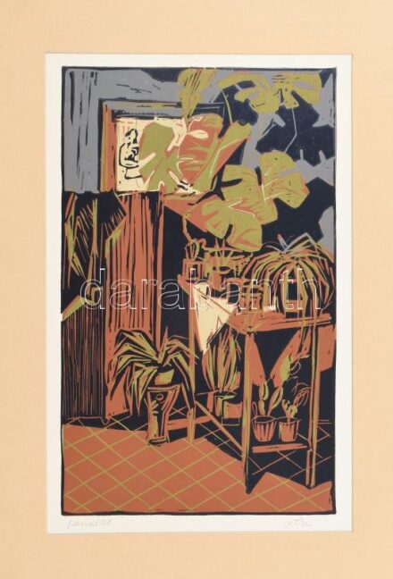 Litkei József (1922-1988): Csendélet. Színes linómetszet, papír, jelzett, paszpartuban, 36×22 cm