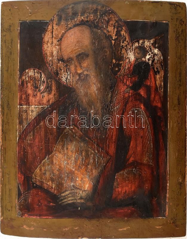 Orosz ikon: Szent Máté evangélista. XIX. század. Tojástempera, fa. Sérülésekkel, kopásokkal. 54x42,5 cm Amikor Máté, a vámos meglátta, hogy a vámszedőnél ül és adót szed az emberektől, Jézus felszólította: 'Kövess engem!'