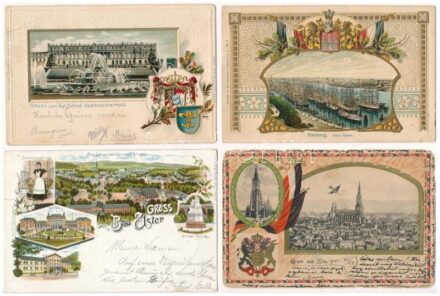 10 db RÉGI hosszú címzéses német szecessziós dombornyomott litho város képeslap vegyes minőségben / 10 pre-1905 German Art Nouveau, floral, embossed and litho town-view postcards in mixed quality: Bad Elster, Leipzig, Helgoland,