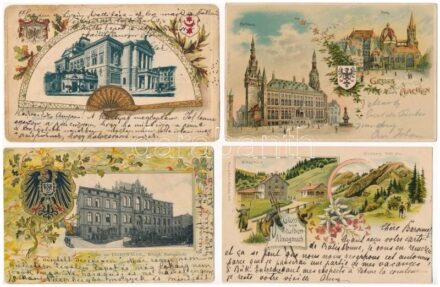 10 db RÉGI hosszú címzéses német szecessziós dombornyomott litho város képeslap vegyes minőségben / 10 pre-1905 German Art Nouveau, floral, embossed and litho town-view postcards in mixed quality: Halle, Eberswalde, Frankfurt,