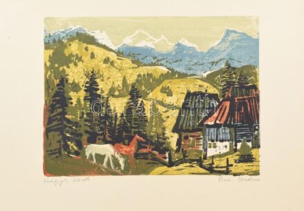 Rác András (1926-2013): Hegyek között. Színes linómetszet, papír, jelzett, 25×34 cm