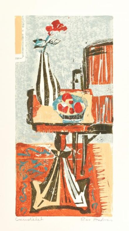 Rác András (1926-2013): Csendélet. Színes linómetszet, papír, jelzett, 35×17 cm