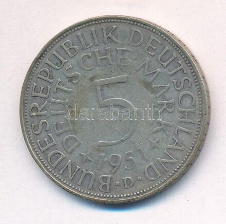 NSZK 1951D 5M Ag T:2- patina GFR 1951D 5 Mark Ag C:VF patina Krause KM#112