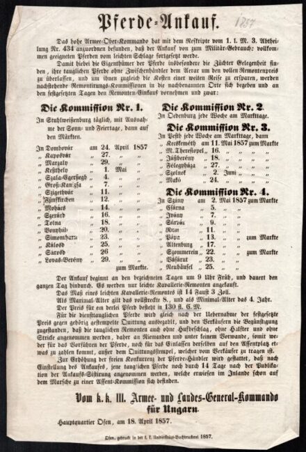 1857 Német nyelvű hirdetmény katonai lóvásár helyszínéről, időpontjáról