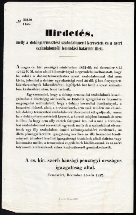 1852 Temesvár, dohánytermesztési szabadalommal kapcsolatos hirdetmény